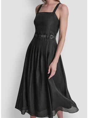 DKNY Pleated Midi Dress, adjustable straps, D-ring belt, Lyocell blend SZ XL